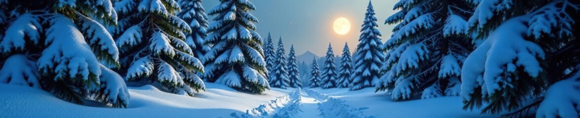 Obraz premium Snow-covered evergreens reflect the soft glow of moonlight, evergreen, snow