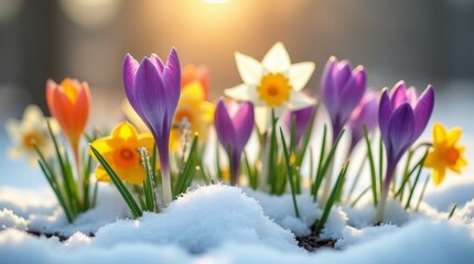 A vibrant scene showcasing the first signs of spring, with blooming flowers such as crocuses and...