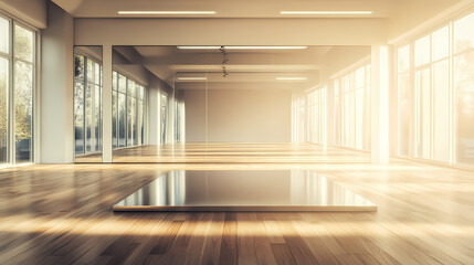 A reflective mirrored podium in a spacious dance studio, surrounded by large mirrors and wooden floors, positioned centrally with extensive copy space. Reflective. Illustration