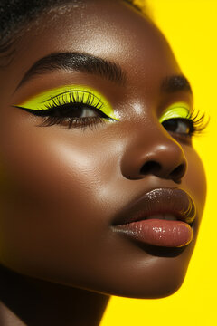 Stylish young modern black female model with colorful bright grape green neon eye liner and eyeshadows cosmetic make-up against vibrant yellow background.