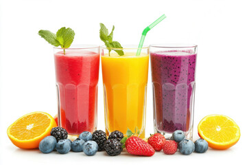 Three glasses of smoothie with mint, blackberries, strawberries, blueberries and orange for a healthy diet. In glass glasses and with straws. On a white background