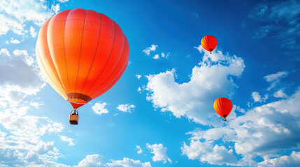 Fototapeta premium Vibrant Orange Hot Air Balloons Soaring Across a Clear Blue Sky with Fluffy White Clouds in the Background on a Bright Sunny Day