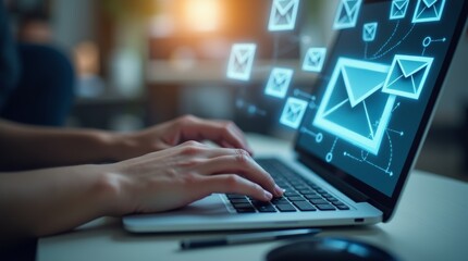 Hands are typing rapidly on a laptop while email icons and flying envelopes illustrate fast online communication in a digital workspace