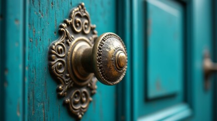 Intricately designed vintage brass door knob mounted on a vibrant teal wooden door, showcasing elegant decor and emphasizing classical architectural style 