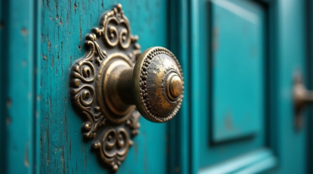 Intricately designed vintage brass door knob mounted on a vibrant teal wooden door, showcasing elegant decor and emphasizing classical architectural style 