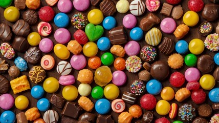 Fototapeta premium A close-up of an assortment of colorful candies and chocolates arranged on a wooden table, showcasing their textures and vibrant colors, perfect for a sweet-themed background