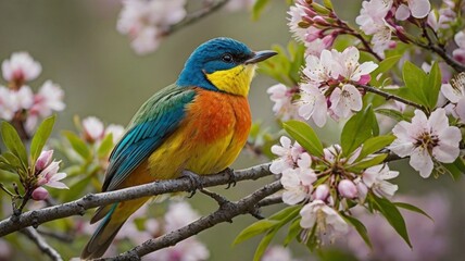Obraz premium A close-up view of a bird perched on a branch, showcasing its vibrant plumage as it returns to its habitat. 