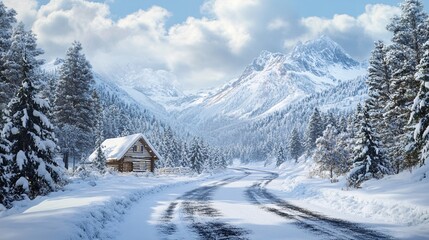 Fototapeta premium A serene winter landscape features a cozy cabin nestled among snow-covered mountains.