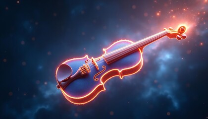 Fototapeta premium A surreal design featuring a glowing violin floating in outer space, surrounded by swirling galaxies, vibrant nebulae, and shimmering stars