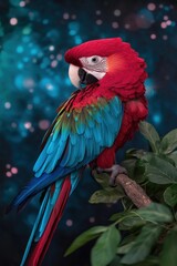 Obraz premium A vibrant macaw perched on a branch, showcasing bright red and blue feathers against a blurred, dreamy background.
