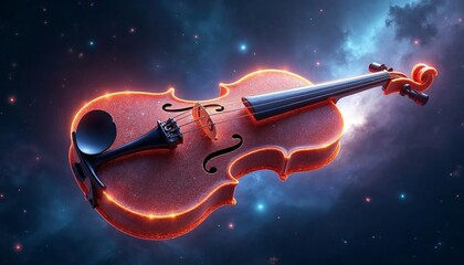 Fototapeta premium A surreal design featuring a glowing violin floating in outer space, surrounded by swirling galaxies, vibrant nebulae, and shimmering stars