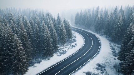 A serene winter landscape featuring a winding road nestled among frosted evergreen trees.