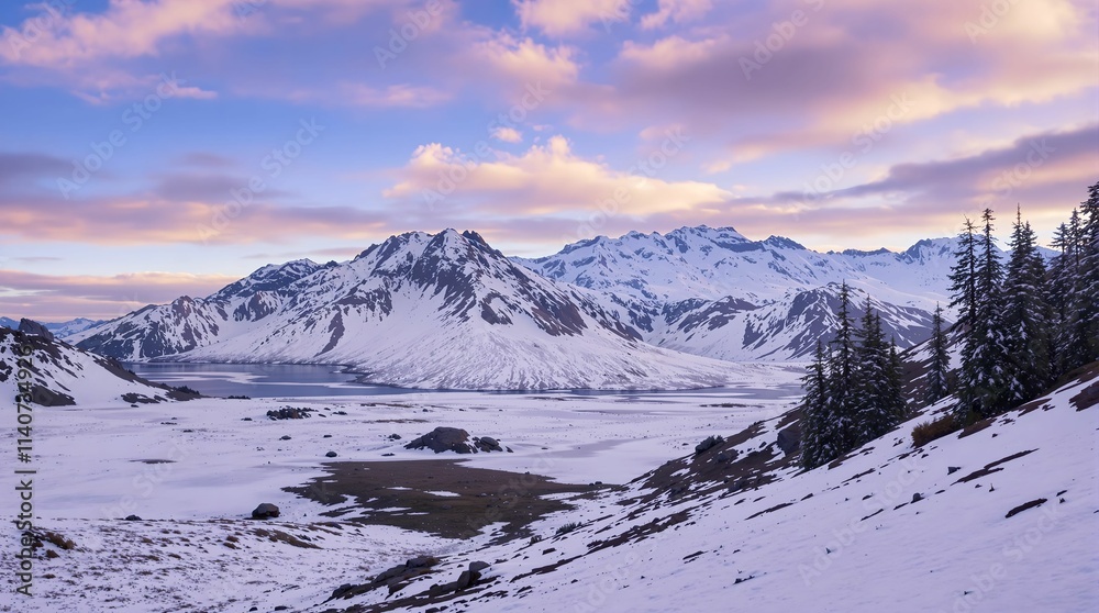 Poster snowy mountain landscape with a body of water in the foreground and a sky with colorful clouds. the 