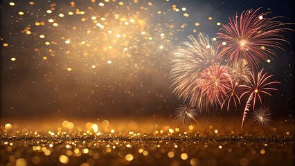 Fototapeta premium Dazzling fireworks display with golden glitter and bokeh lights against a dark night sky, perfect for New Year's Eve or other celebrations.