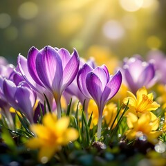  beautiful outdoor scene with colorful crocus flowers in full bloom. The flowers are vibrant, with purple and yellow hues, and the background has a soft, sunny glow, creating a warm and serene atmosph