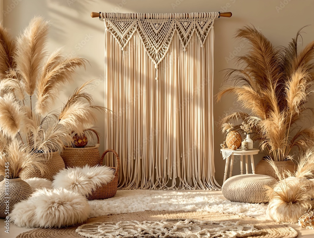 Poster cozy room with a macrame backdrop, pampas grass, a blanket, and a chair. the scene is warm and invit