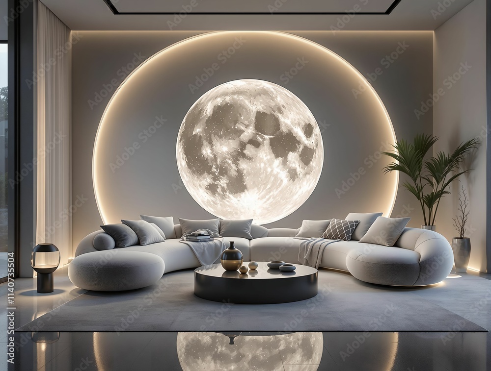 Aufkleber  modern living room with a large, circular window or screen displaying the moon. The room features a curved sofa, a coffee table, and a large window with a植栽. The lighting is soft and warm, creating a