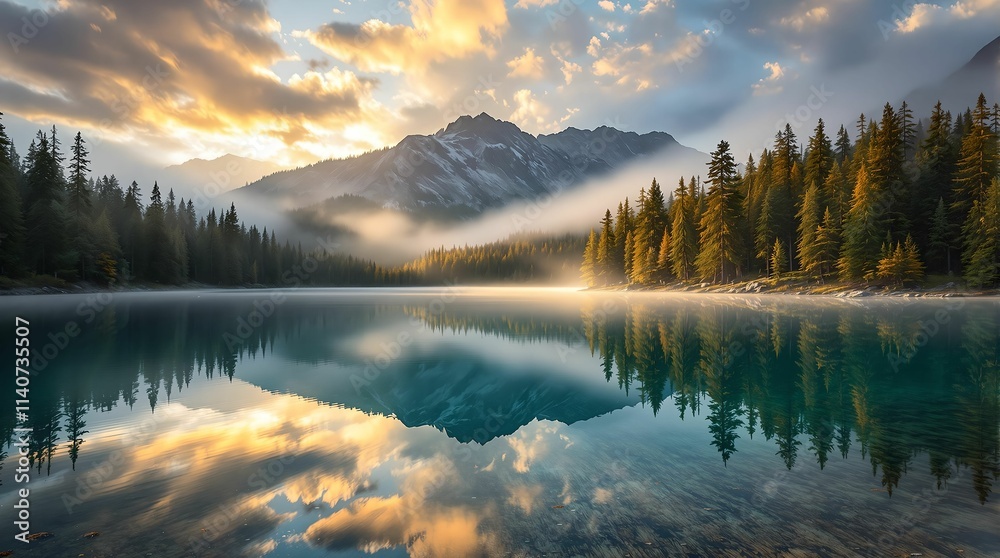 Poster serene mountain lake at sunrise, with the reflection of the sky and trees on the water's surface. mo