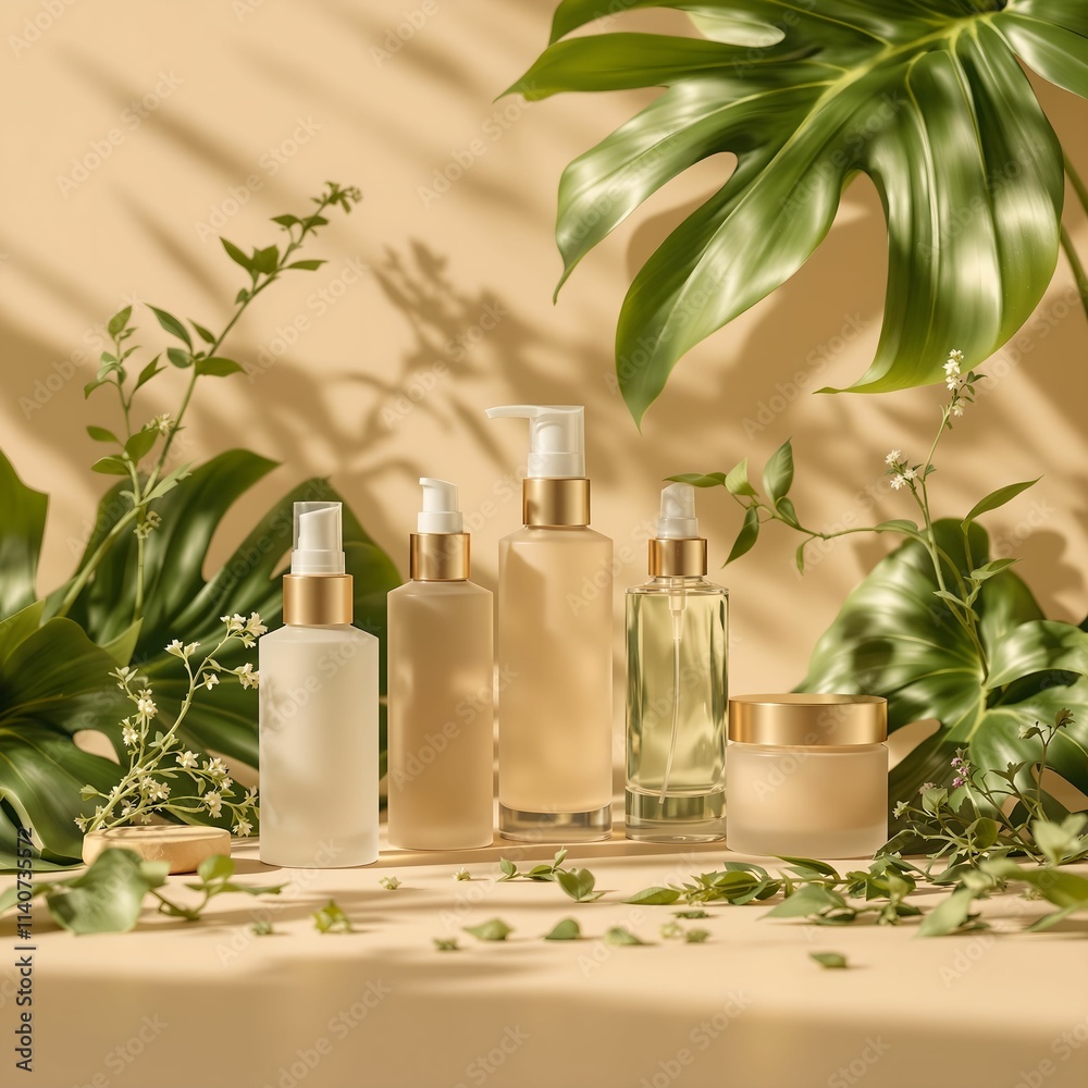 Poster collection of skincare bottles and jars placed on a surface, surrounded by green foliage. the bottle