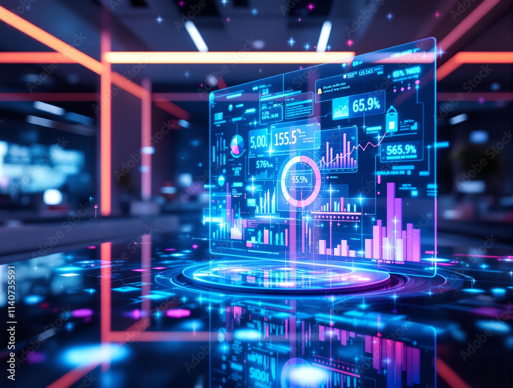Poster  futuristic, digital interface with various data visualizations and charts, illuminated with neon colors. The scene suggests a high-tech environment, possibly a virtual reality or augmented reality se