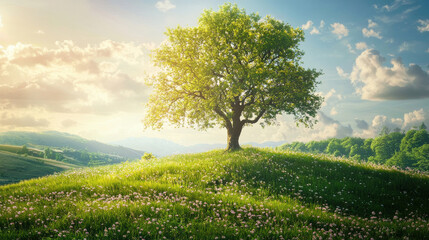 Fototapeta premium Vibrant Green Tree on a Rolling Hillbathed in Golden Light Under a Clear Sky with Fluffy Clouds and Colorful Wildflowers Blooming in the Foreground