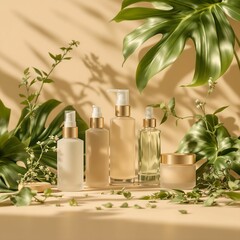 collection of skincare bottles and jars placed on a surface, surrounded by green foliage. The bottles vary in size and shape, and the overall color palette is earthy and neutral.