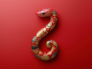 Obraz premium A vibrant, decorative snake sculpture in red and gold, coiled against a bold red background, showcasing intricate patterns and artistic design.