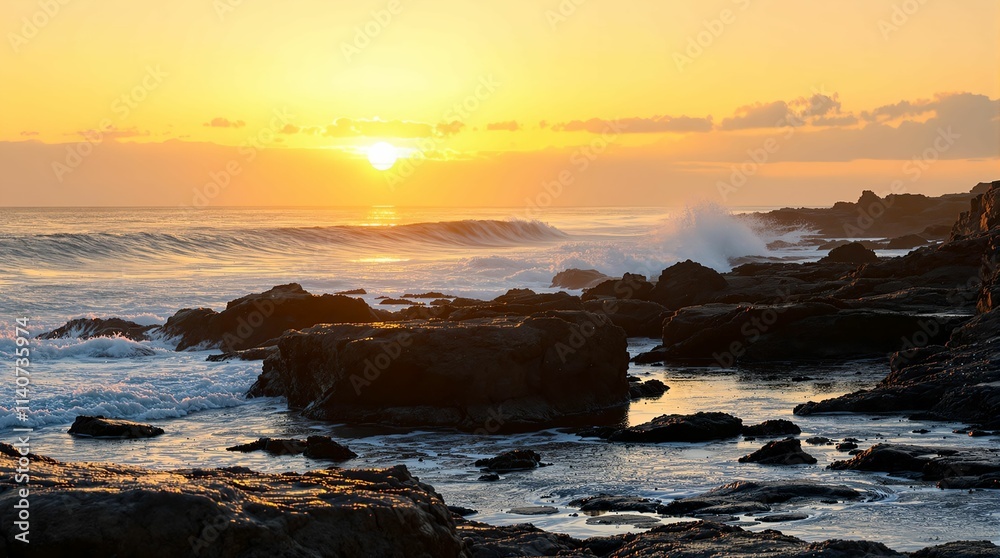 Poster scenic coastal view during sunset with the sun near the horizon, casting a warm glow over the scene.