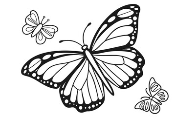 coloring pages for adults, coloring book, simple drawings, black and white, line art, beautiful butterfly, black outlines of objects, white color, best quality, coloring, vector graphics, black and wh
