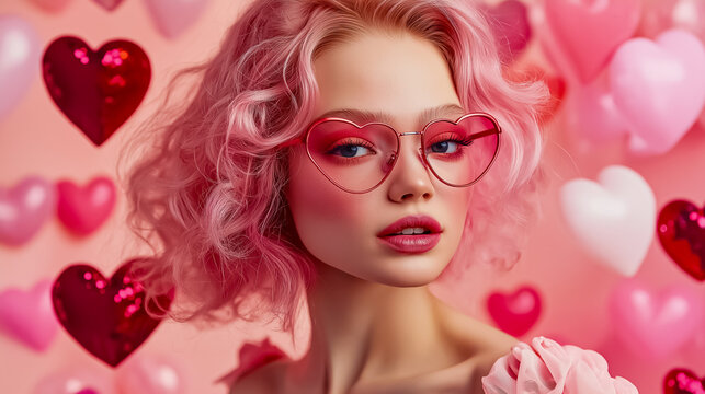 A young stylish woman wearing heart-shaped glasses stands against a pink background with heart decorations