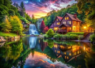 Fototapeta premium Surreal Pond & Glen Iris Inn, Letchworth State Park NY: Dreamlike Photography