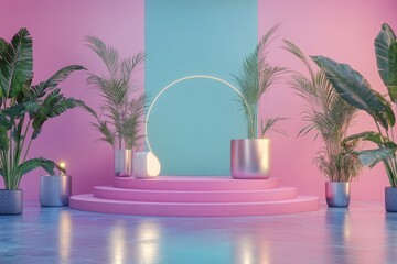 Obraz premium Pink and Teal Minimalist Studio with Plants and Neon Circle. 3D Renderer Digital Backdrop.