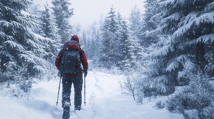 A male hiker in a red jacket navigates a snowy forest path, surrounded by tall pine trees in a serene winter landscape.