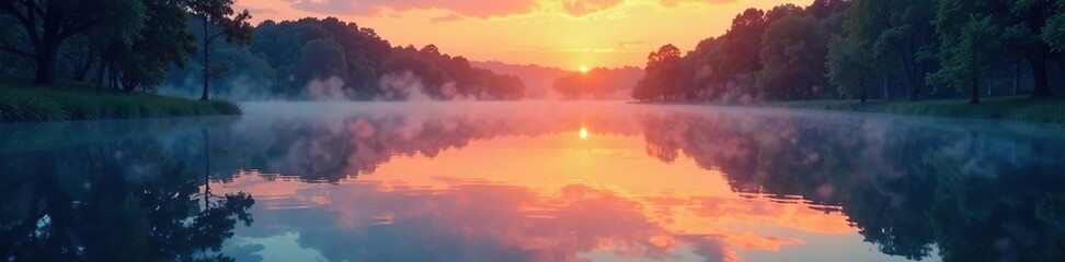 Obraz premium Softly glowing blue tones merge with warm orange hues over a still pond at dusk, reflection, peaceful, orange