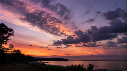 Obraz premium Vibrant Sunset Over a Coastal Landscape with Trees and Water