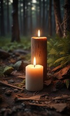 Softly glowing candle with a natural wood wick casts a warm ambient light on the darkened forest floor, natural, nature