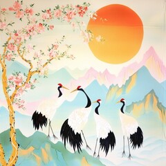 Fototapeta premium A serene painting featuring four elegant cranes against a backdrop of mountains, a vibrant sun, and delicate cherry blossoms.
