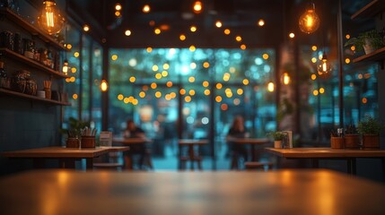 Warm Cafe Interior with Blurred Lights and Table in Focus