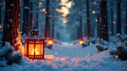 Naklejka premium Softly glowing lanterns amidst a forest of pine branches and snowy pine needles, sparkly, festive, snow