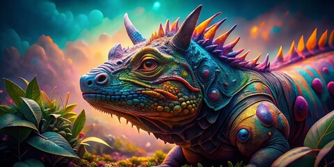 Obraz premium Surreal Rhino & Iguana Fusion: Dreamlike Hybrid Creature Photography