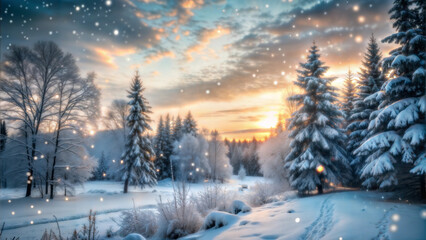 Fototapeta premium Snowy Forest Landscape at Sunrise with Falling Snowflakes