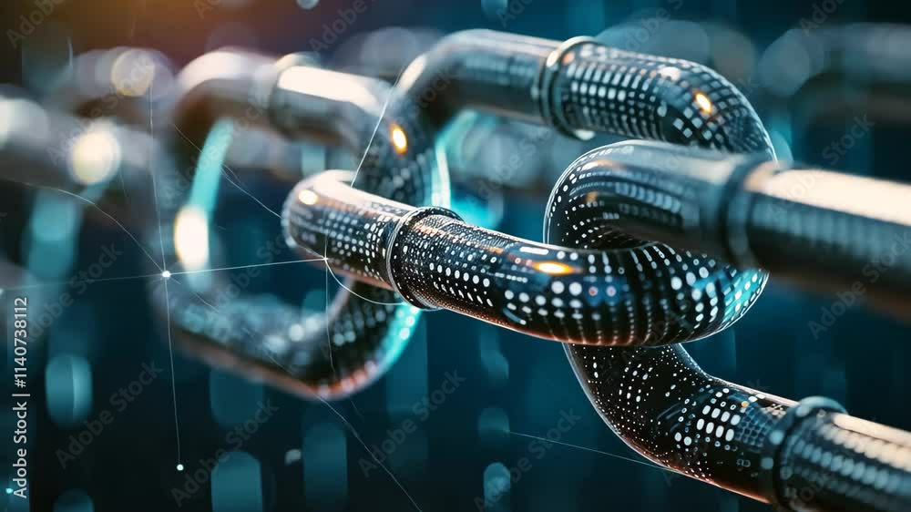 Poster this visual showcases a detailed close-up of a digital chain composed of binary code, emphasizing th