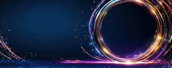 Obraz premium A vibrant digital design featuring swirling colorful lights and sparkles against a dark background, creating an energetic and modern aesthetic.