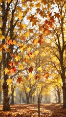 Fototapeta premium Autumn leaves pinned to a metal clothespin against a warm golden light with a few bare trees in the background, cozy ambiance, rustic decor