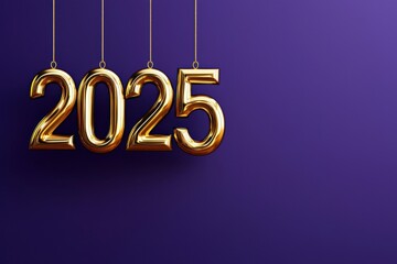 A vibrant purple background features shiny gold numbers "2025," symbolizing celebration and the upcoming New Year.