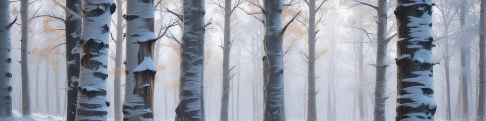 Bare aspen tree trunks against a backdrop of swirling snowflakes and frosty air, landscape, frost, tree trunk