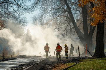 Emerging steam and firefighters working on a damaged underground pipe at dawn. Generative AI
