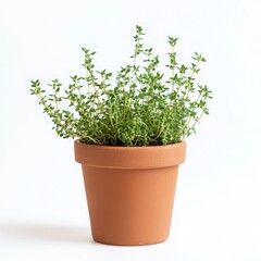 A small pot of thyme with tiny, fragrant leaves growing on a white background 