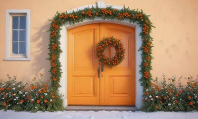 Fototapeta premium Cheerful orange door with a floral wreath against a serene winter landscape , snow covered door, orange door
