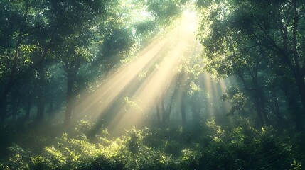 Obraz premium A serene forest scene featuring golden rays of sunlight streaming through lush green trees, creating a magical atmosphere with a soft, ethereal glow.